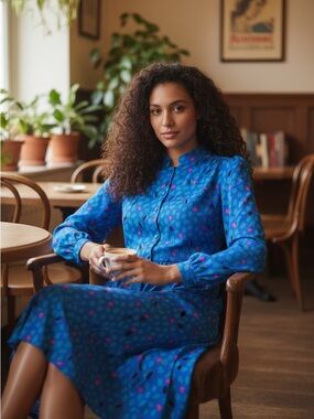 70’s Blue Polka Dot Long Sleeve Midi Dress